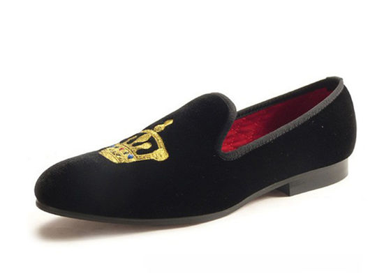 Motif Mens Summer Loafers, Slip On Crown Embroidery Mens Velvet Slippers