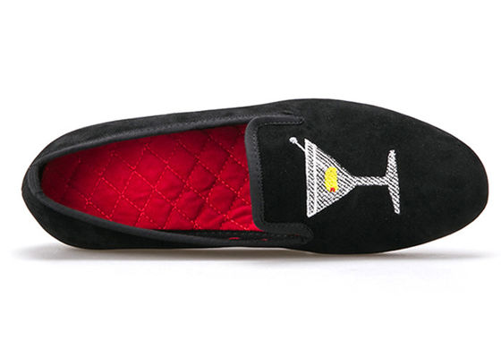 Borduurwerk Mensen Fluwelen Loafers Mensen Zwarte Rokerschoenen Met Wijnglas Ontwerp