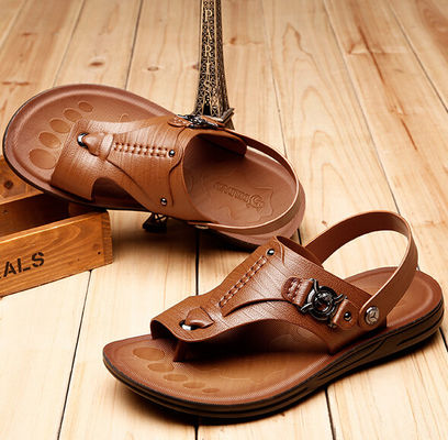 Bruine Casual Mensen Lederen Sandalen / Mensen Zomer Strand Sandalen Met Buckle Riem