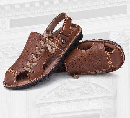 Comfortabele handgemaakte lederen sandalen zomer bruine platte platformsandaal