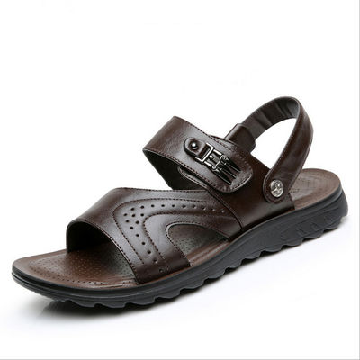 Flat handgemaakte lederen sandalen Mensen Leisure Zwarte strand sandalen met lederen bovendeel