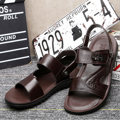 Flat handgemaakte lederen sandalen Mensen Leisure Zwarte strand sandalen met lederen bovendeel