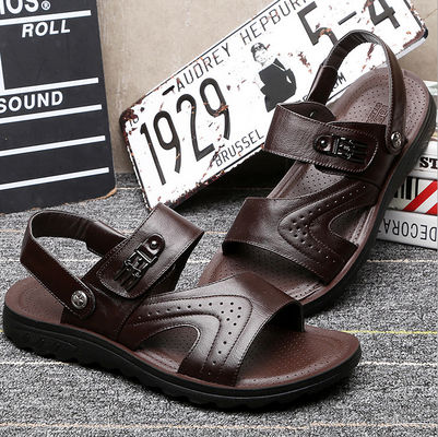 Flat handgemaakte lederen sandalen Mensen Leisure Zwarte strand sandalen met lederen bovendeel