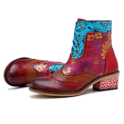 Vintage echte lederen cowgirl laarzen, vrouwen lederen enkellaarzen grote maat