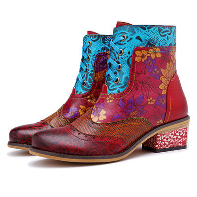 Vintage echte lederen cowgirl laarzen, vrouwen lederen enkellaarzen grote maat