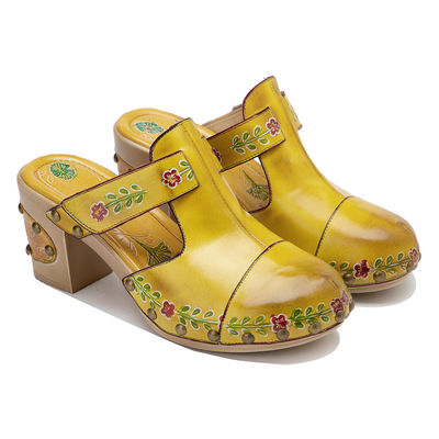 Gele mode vrouwen sandalen bloemen T-band dames lederen clogs sandalen