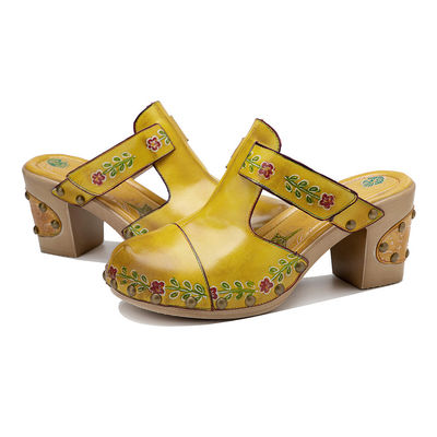 Gele mode vrouwen sandalen bloemen T-band dames lederen clogs sandalen