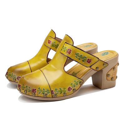 Gele mode vrouwen sandalen bloemen T-band dames lederen clogs sandalen
