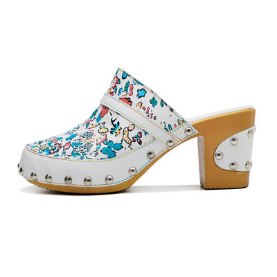 Kleurrijke Boheemse muilen platform blok hak sandalen leer klompen schoenen