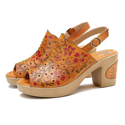 Boheemse mode vrouwen sandalen oranje leer blok hak sandalen