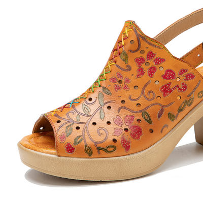 Boheemse mode vrouwen sandalen oranje leer blok hak sandalen