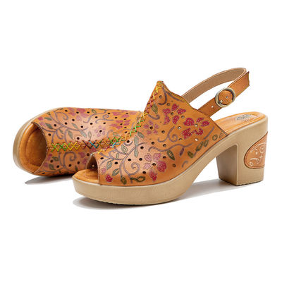 Boheemse mode vrouwen sandalen oranje leer blok hak sandalen