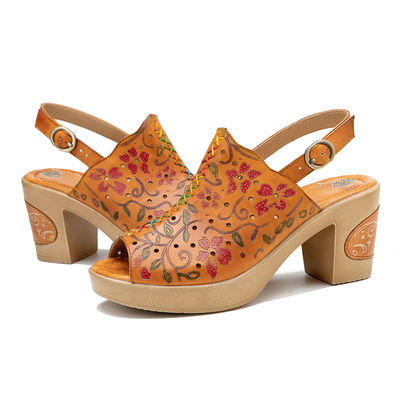 Boheemse mode vrouwen sandalen oranje leer blok hak sandalen