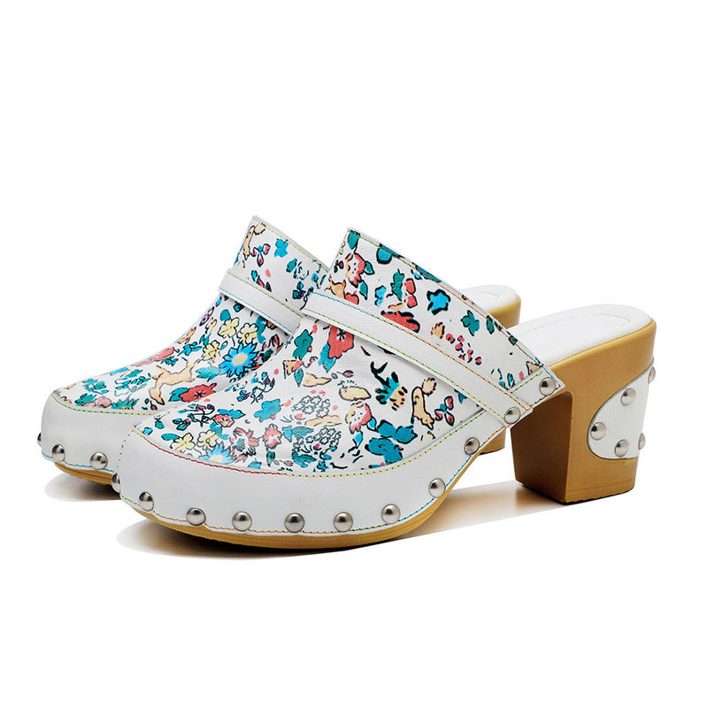 Kleurrijke Boheemse muilen platform blok hak sandalen leer klompen schoenen