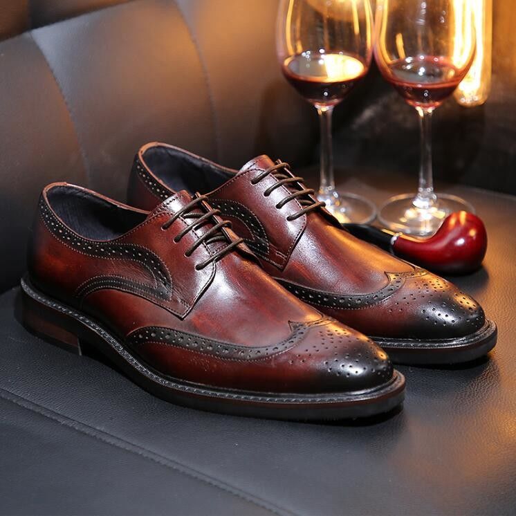 Derby stijl mannen bruin kant op schoenen platte mannen geweven leer slip op schoenen