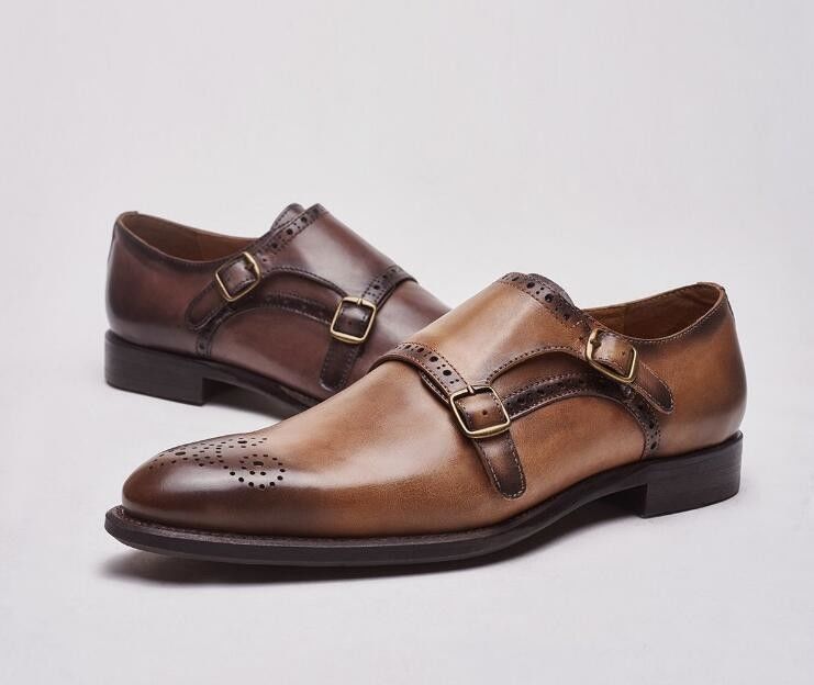 Italiaanse echte lederen monnikenschoenen, lederen loafers voor mannen in brogue detail